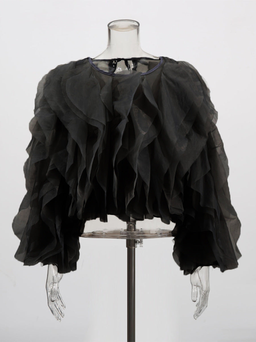 Women's Style Ruffled Patchwork Round Neck Pullover Blouses