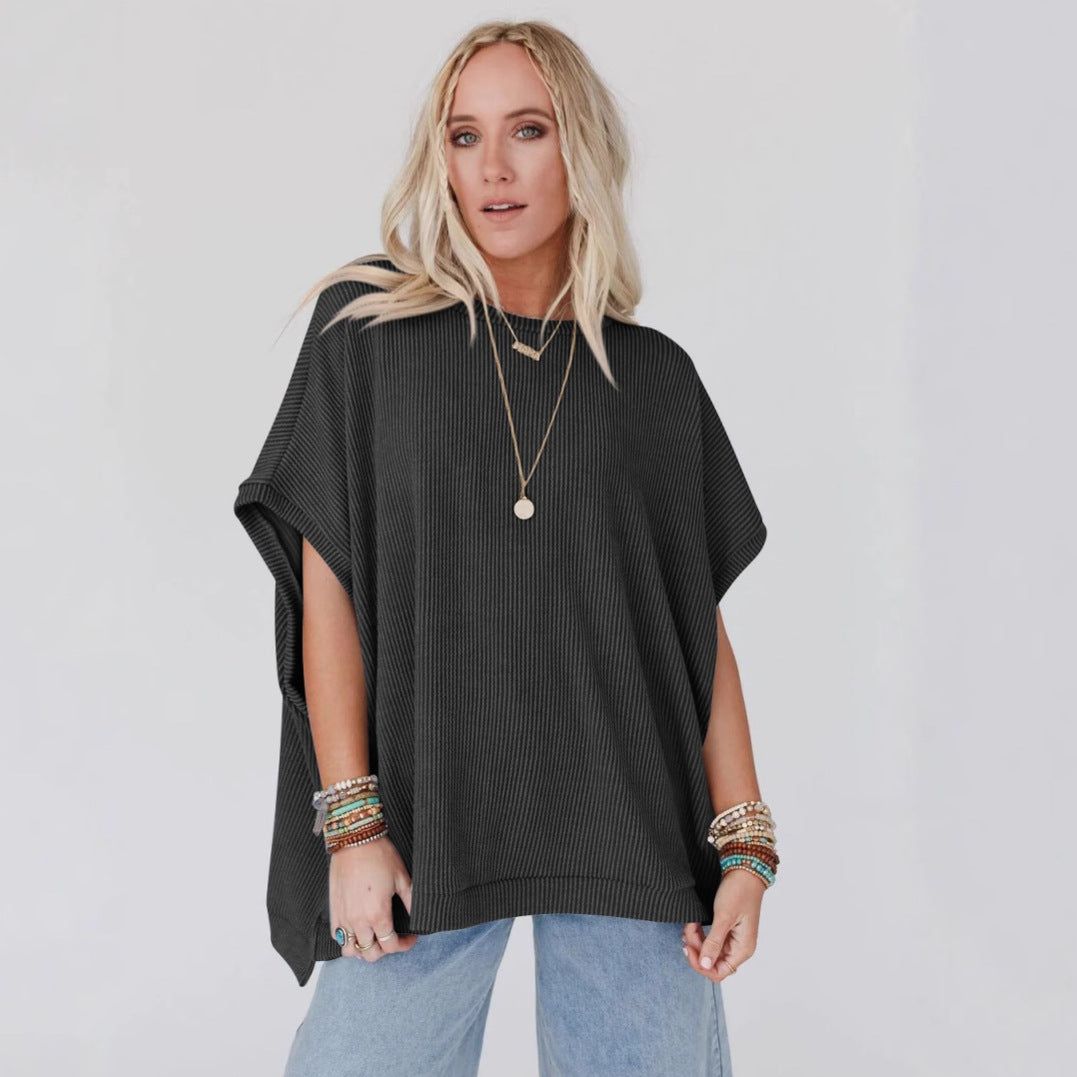 Women's Solid Color Knitted Oversized Pullover Batwing Blouses