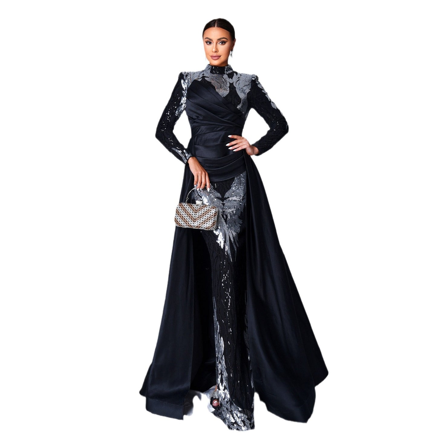 Women's Sleeve Temperament Crew Neck Sequined Banquet Fishtail Dresses