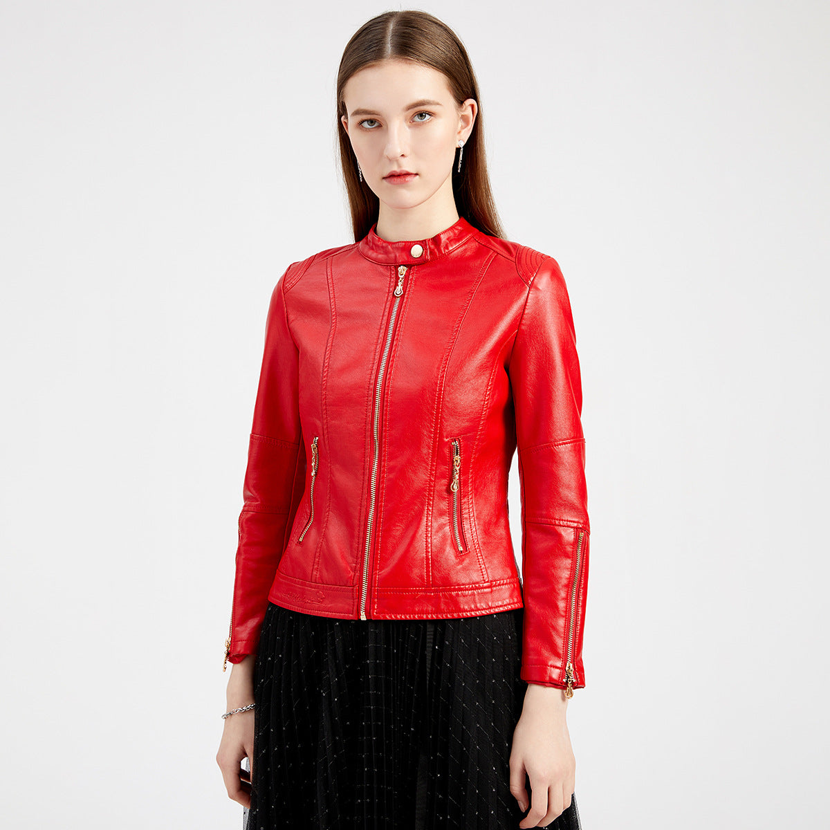 Women's Fashion Leather Stand Collar Thin Dark Jackets