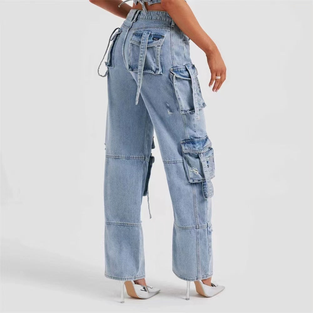 Women's Low Waist Three-dimensional Pocket Stitching Autumn Loose Draping Jeans