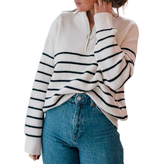 Women's Wear Long Sleeve Knitted Zipper Striped Sweaters