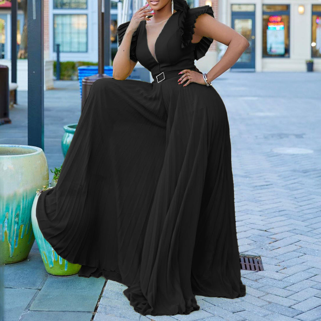 Women's With Belt Sexy Deep V Pleated Jumpsuits