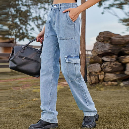 Women's American Retro Washed Design Personality Denim Cargo Jeans