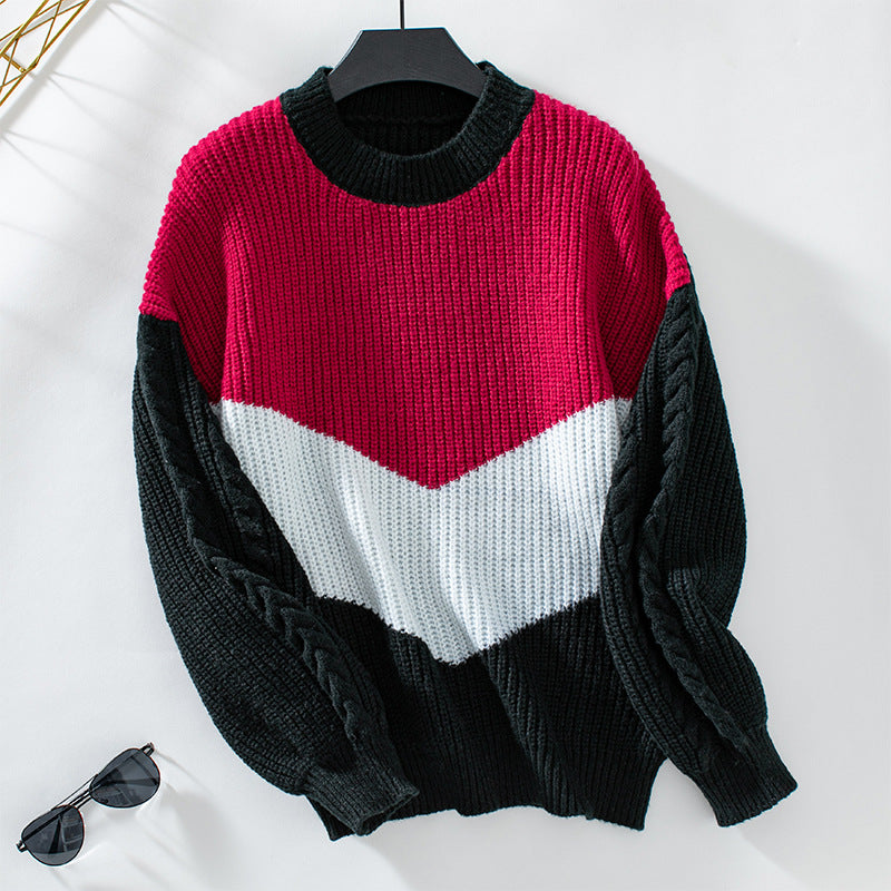 Women's Contrast Color Crew Neck Pullover Loose Knitwear