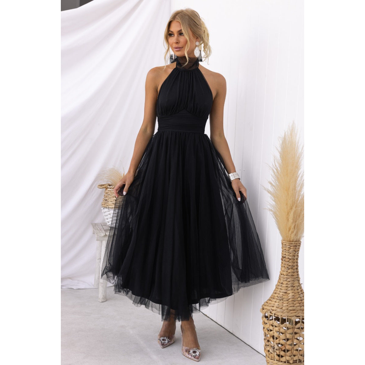 Halter Mesh Turtleneck Dress Leisure Vacation Dresses