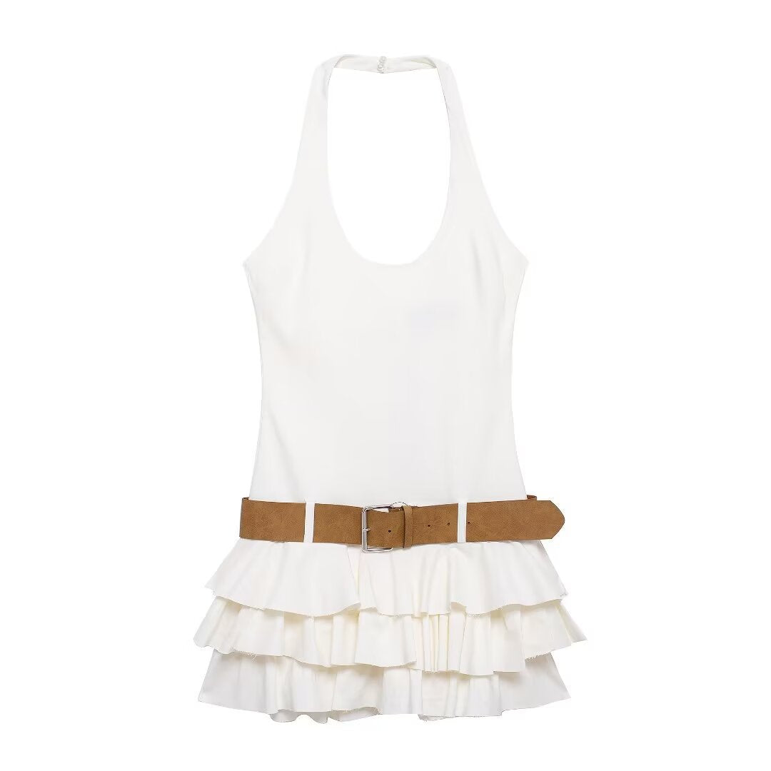 Women's Fashion With Belt Laminated Decoration Dress Dresses