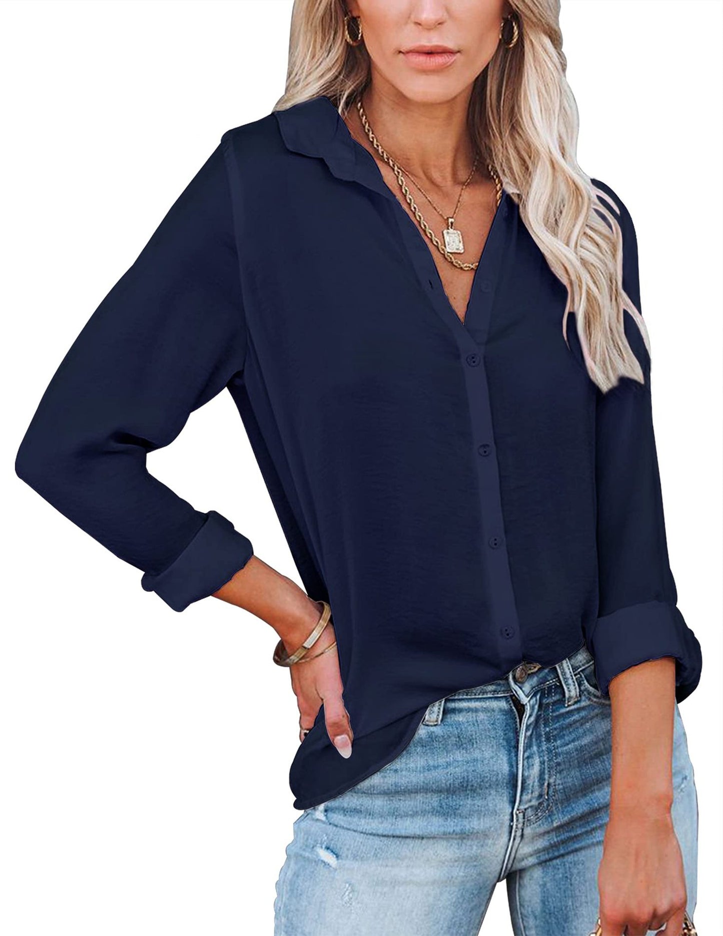 Women's Shirt Long Sleeve Solid Color Polo Blouses