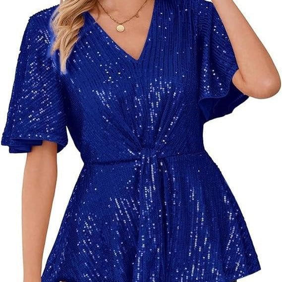 Women's Outline Tie Front Flare Sleeve Glitter Bruce Tops