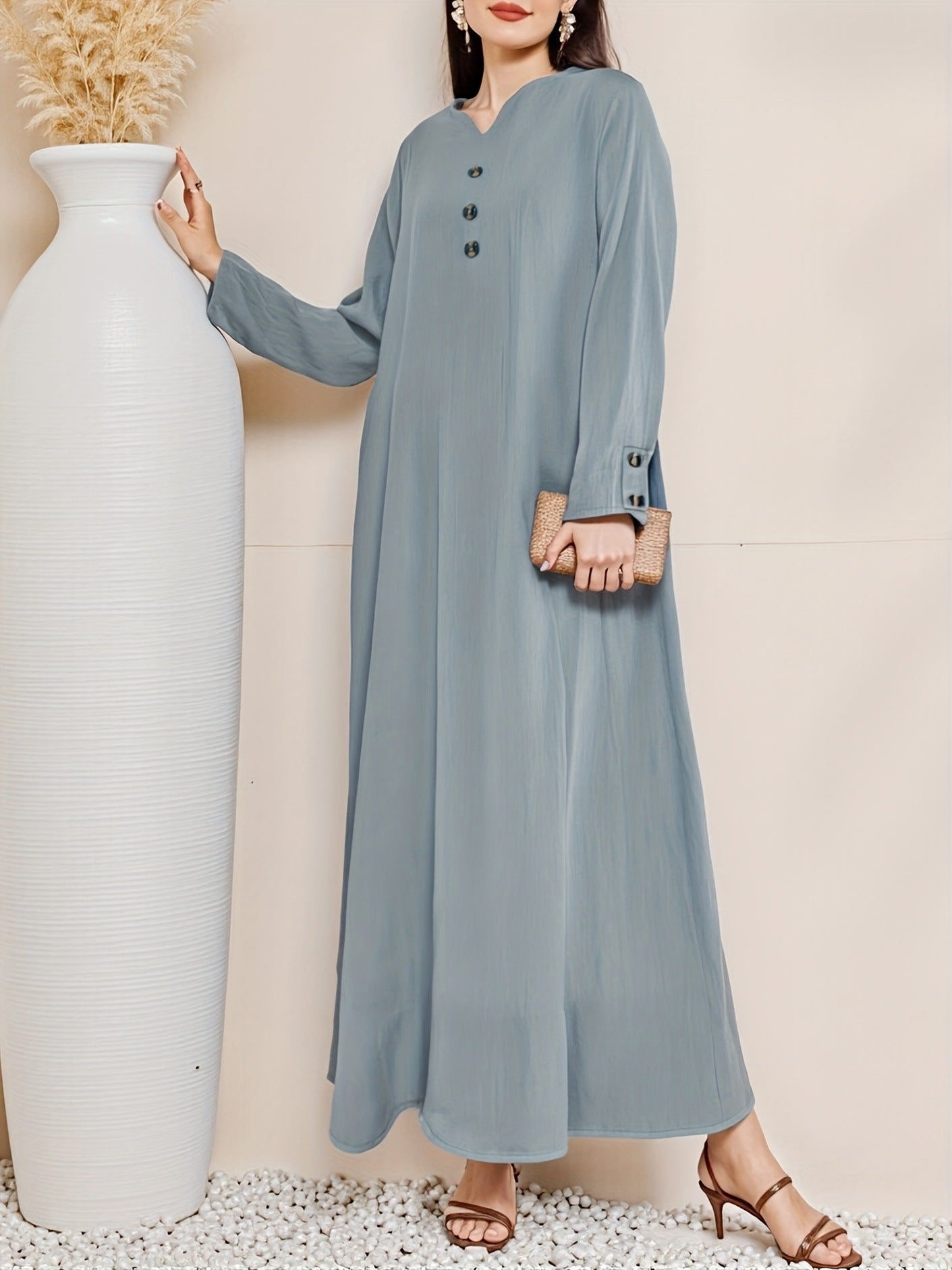 Women's Casual Woven Fake Button Design Loose Dress