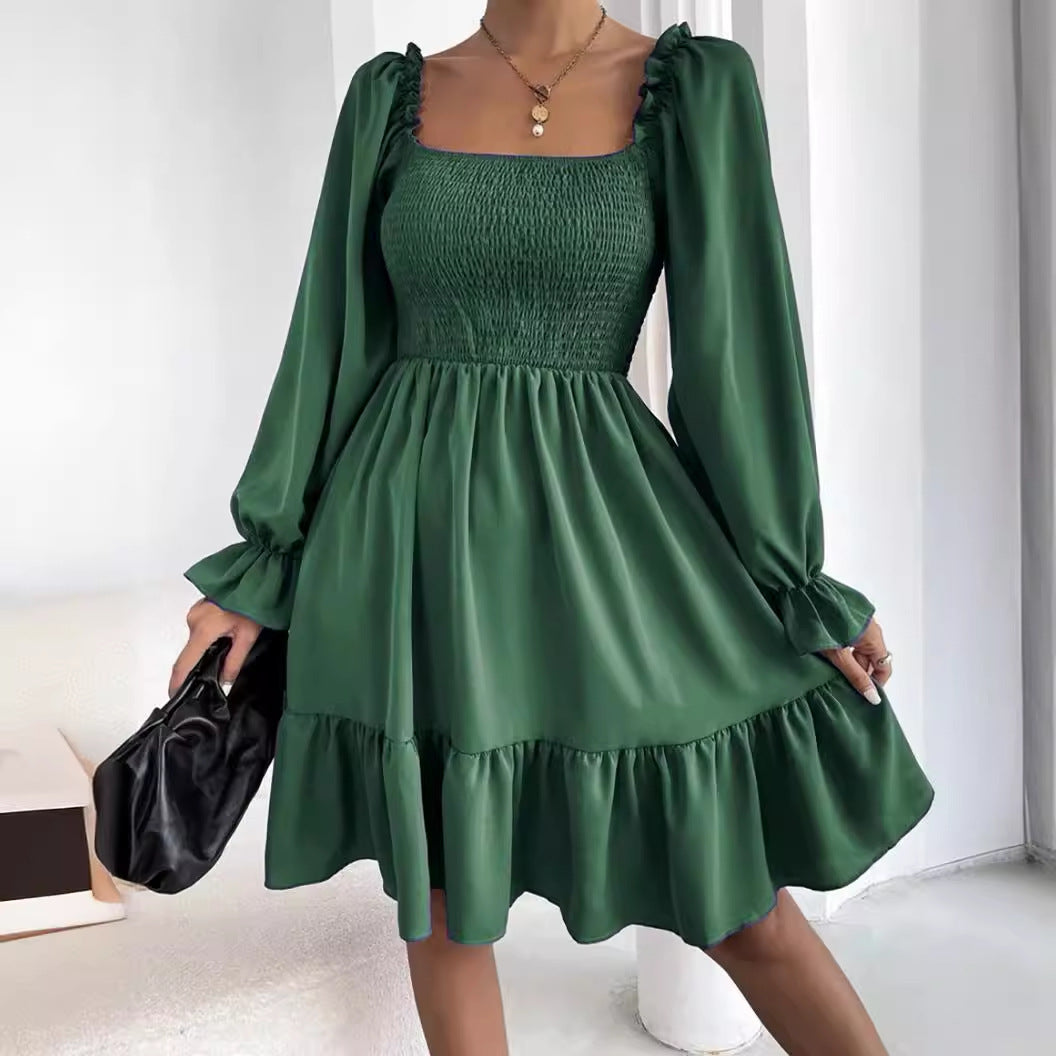 Women's Square Collar Long Sleeve Ruffled High Waist Tight Dresses