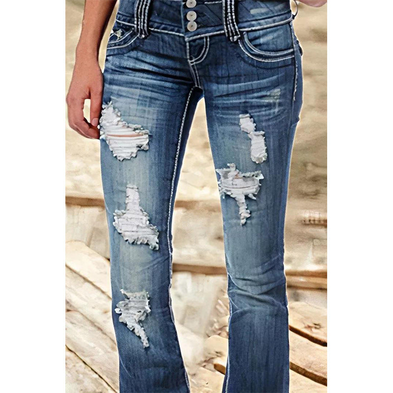 Denim Vintage Low Waist Ripped Button Jeans