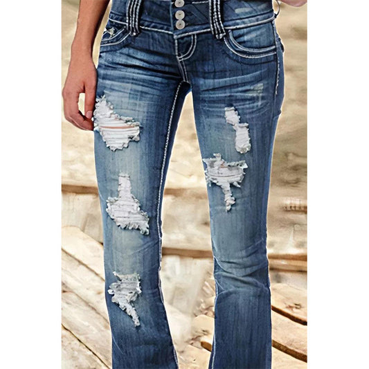 Denim Vintage Low Waist Ripped Button Jeans