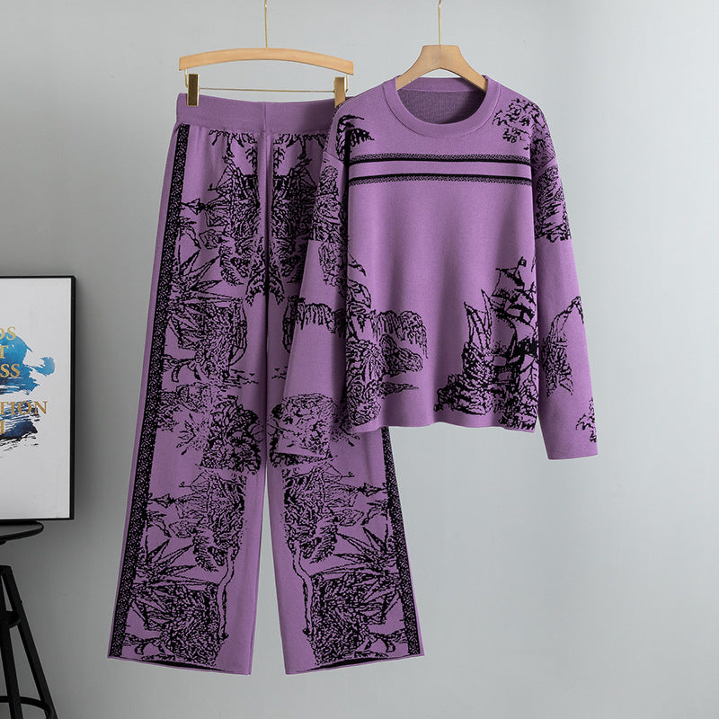 Women's Ink Painting Jacquard Printed Knitted Trousers Two-piece Sweaters