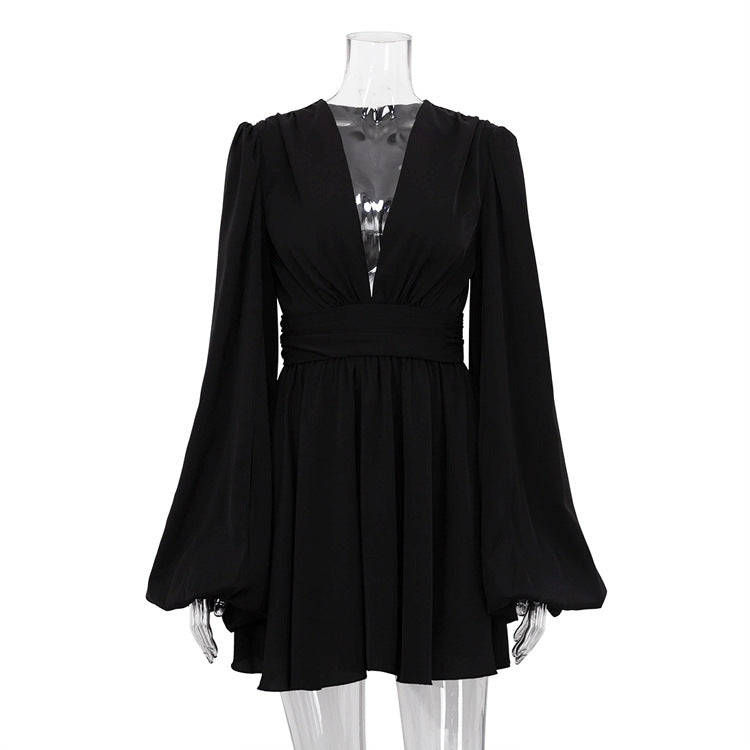 Women's Spring French Style Puff Sleeve High Waist Dresses