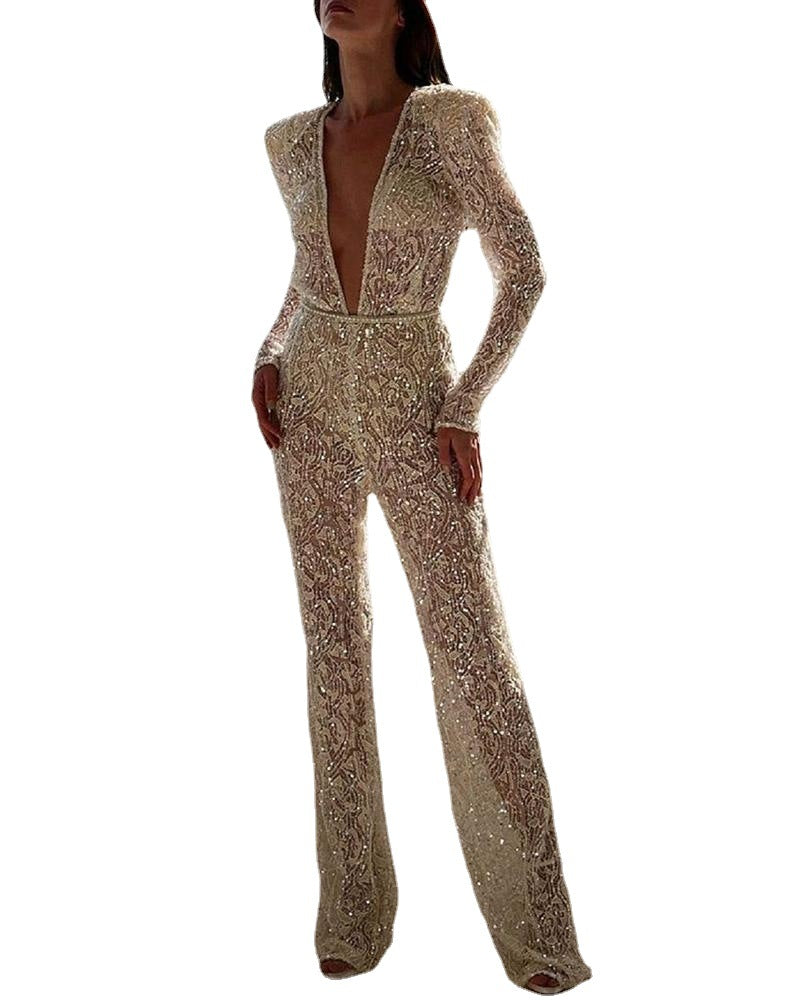 Women's Fashion Wear Sexy Gold Long-sleeved Trousers Pants