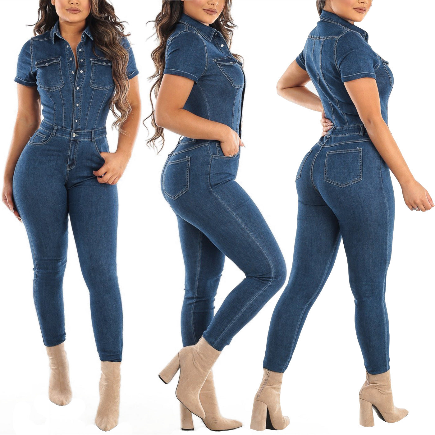 Collar Casual Sexy Mid Waist Slim Fit Jumpsuits