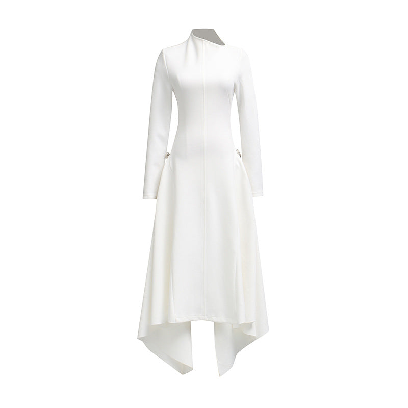 Diagonal Collar Asymmetric Large Hem Ruffled Dresses