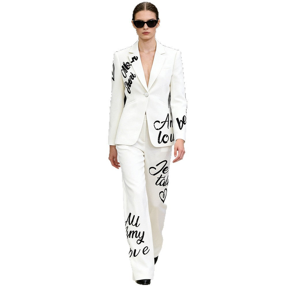 Early Spring English Alphabet Embroidery Sequined Trousers Two-piece Fashion Casual Suit