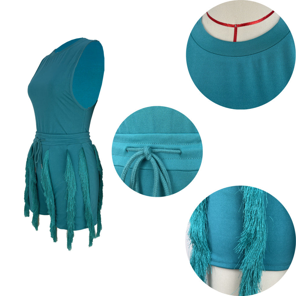 Women's Sleeveless Drawstring Tassel Casual Solid Color Dresses