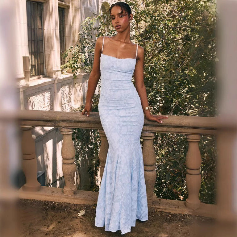 Slimming Lace Up Embossed Jacquard Fishtail Dresses