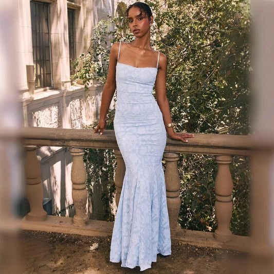 Slimming Lace Up Embossed Jacquard Fishtail Dresses