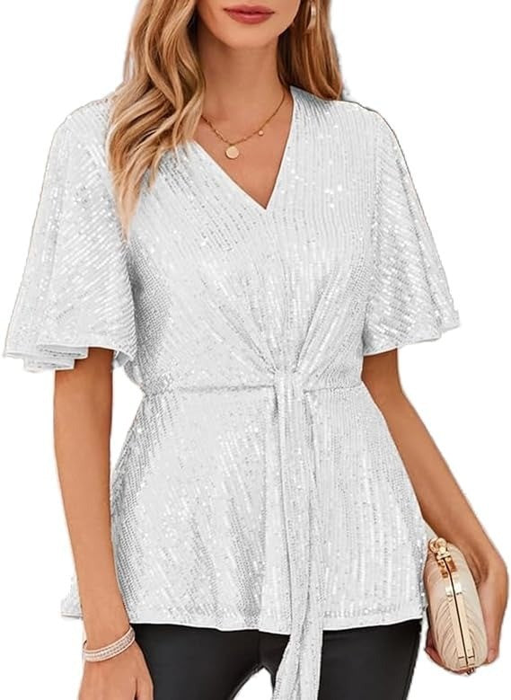 Women's Outline Tie Front Flare Sleeve Glitter Bruce Tops