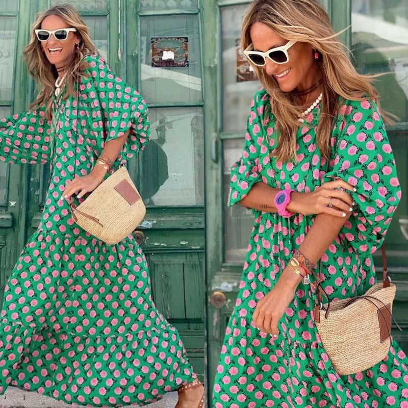 Women's Autumn Geometric Collage Puff Sleeve Dress Street Clothing