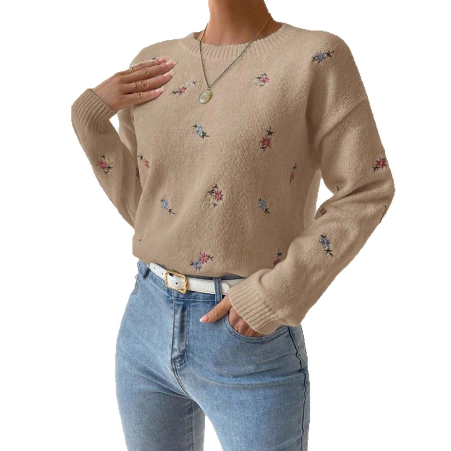 Women's Fashion Flower Embroidery Knitted Temperament Crew Sweaters