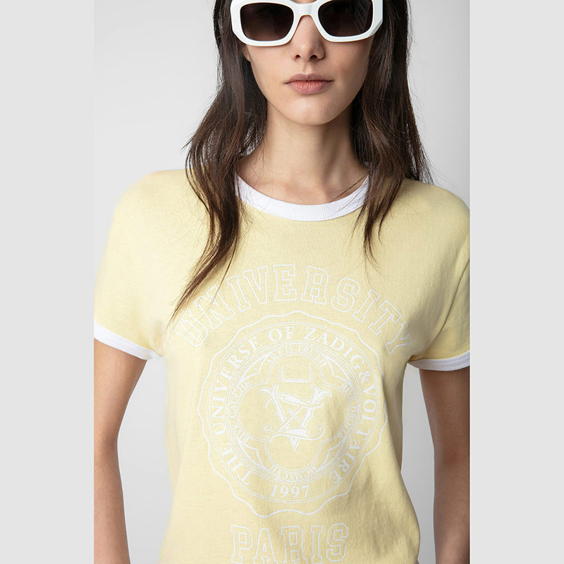 Women's Classic Letter Print Neckline Contrasting Colors Yellow Blouses