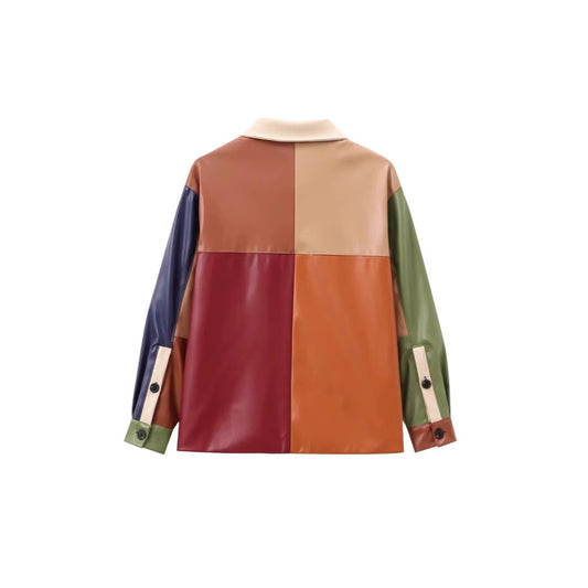 Women's French Stitching Leather Long-sleeved Lapel Contrast Jackets
