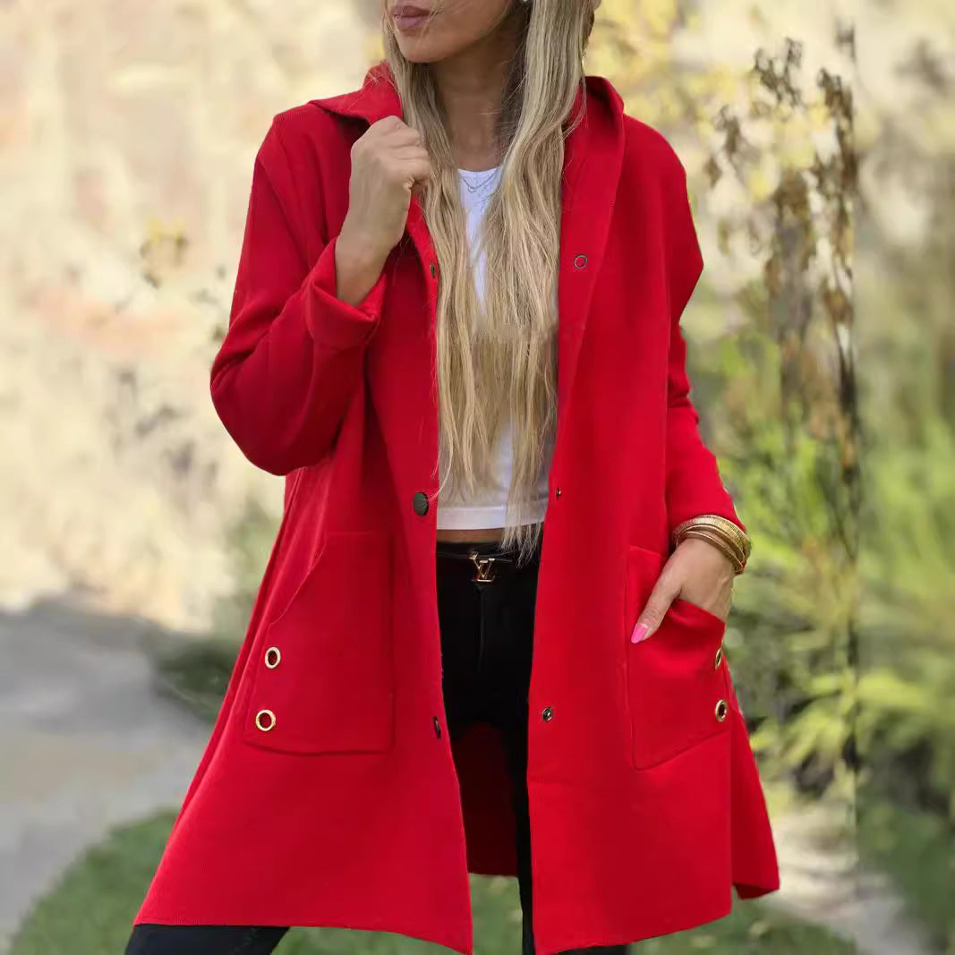 Solid Color Casual Single-breasted Hooded Woolen Coats