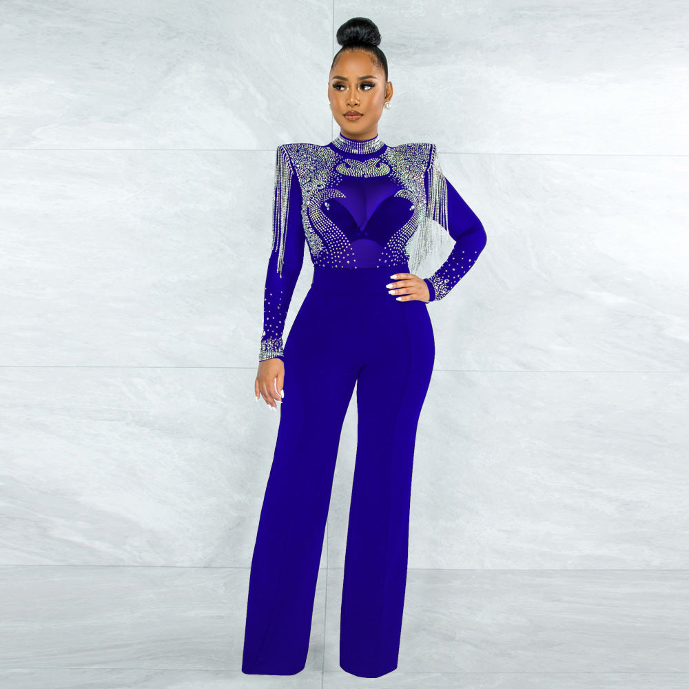 Women's Sexy Casual Turtleneck Hot Drilling Tassel Pants