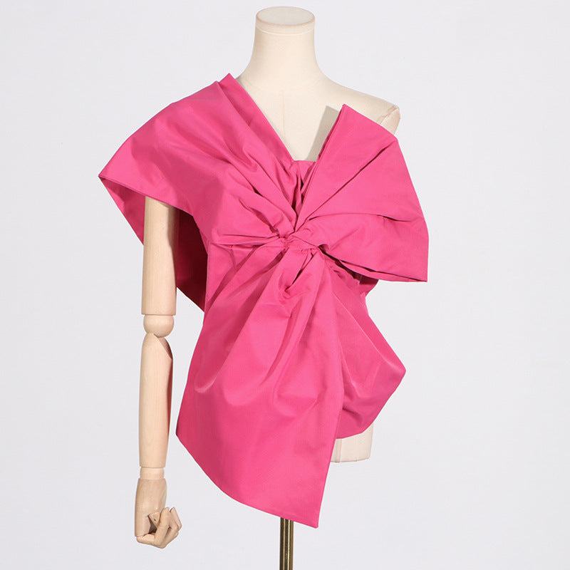 Women's Temperament Pure Color Asymmetric Collar Bow Tops
