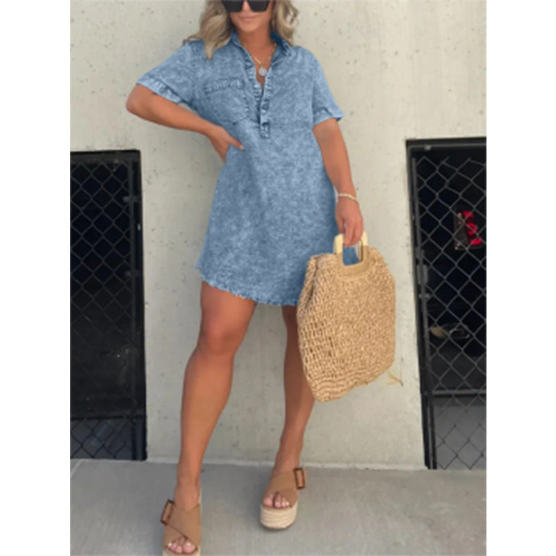 Summer Shirt Collar Denim Tassel Hem Dresses
