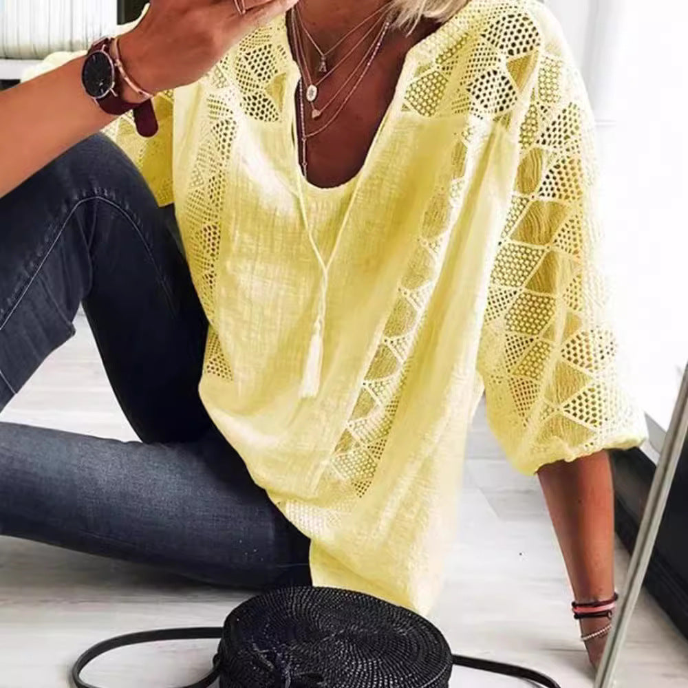 Women's Lace Shirt Stitching Collar T-shirt Blouses