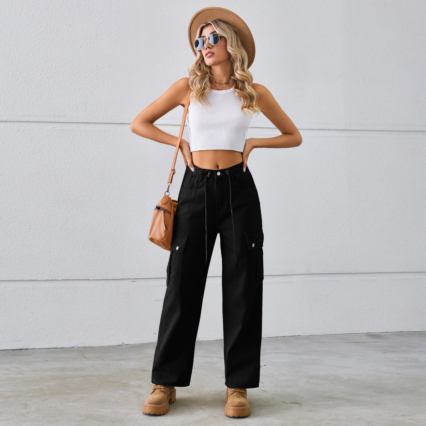 Women's Denim Drawstring Adjustable Washed Cargo Trousers Jeans