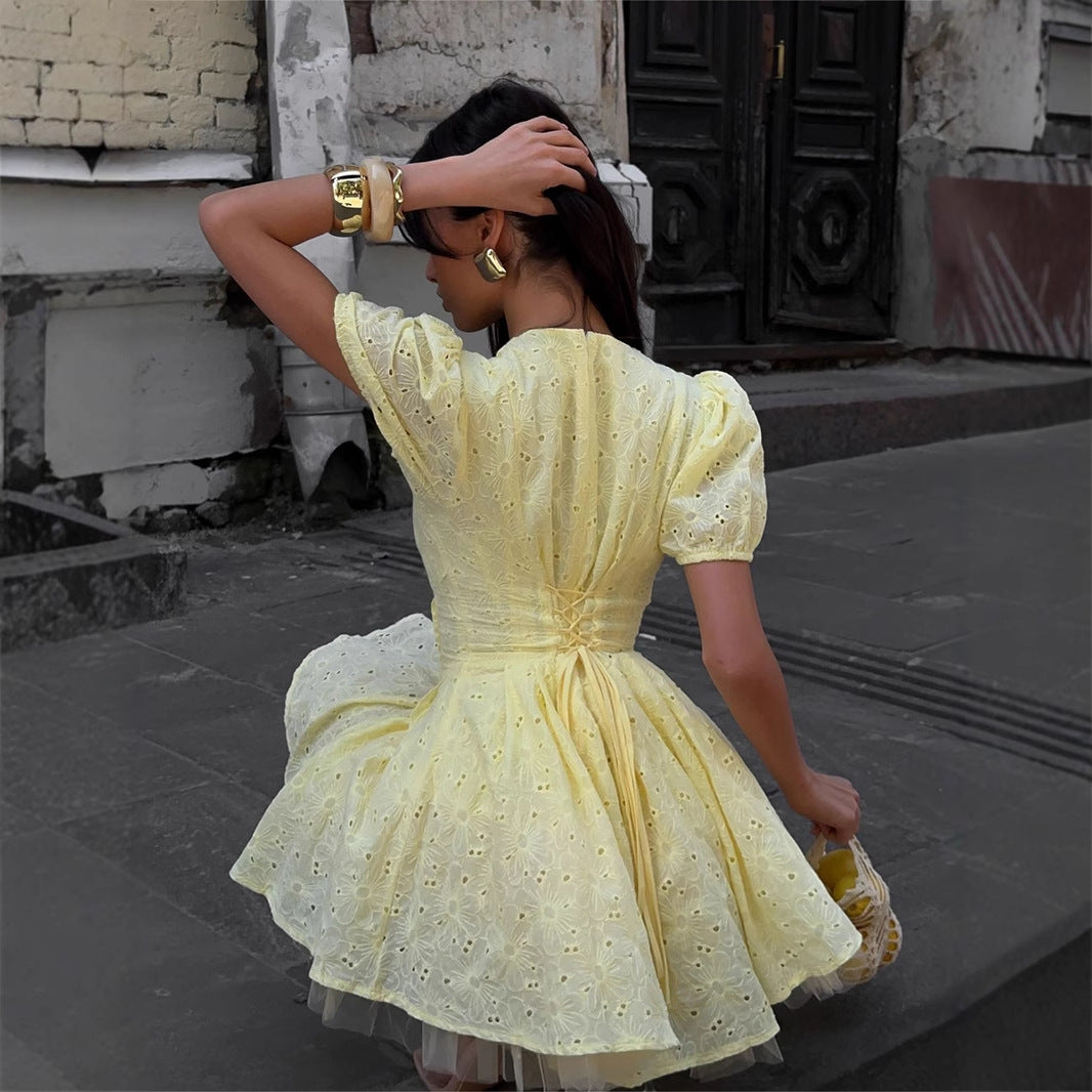 Yellow Dress Summer Waist Trimming Lace Up Dresses