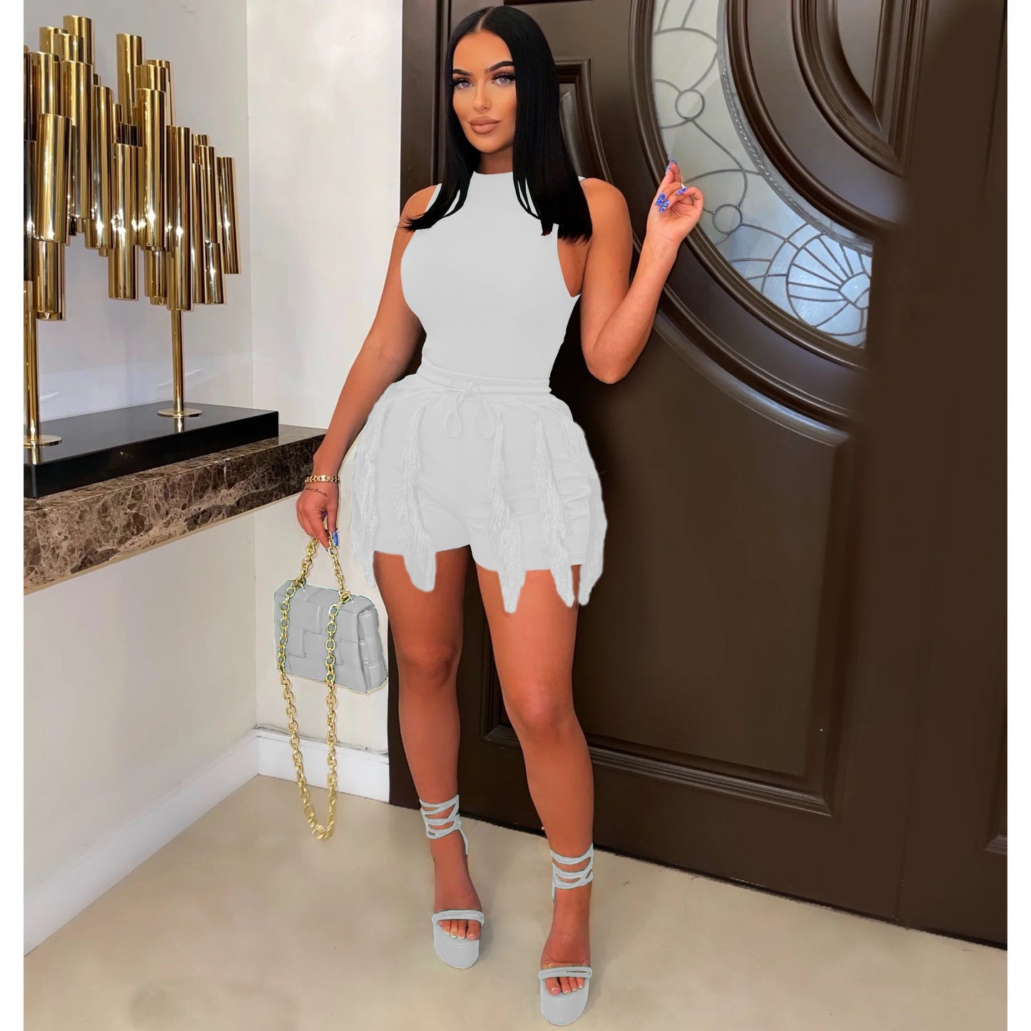 Women's Sleeveless Drawstring Tassel Casual Solid Color Dresses