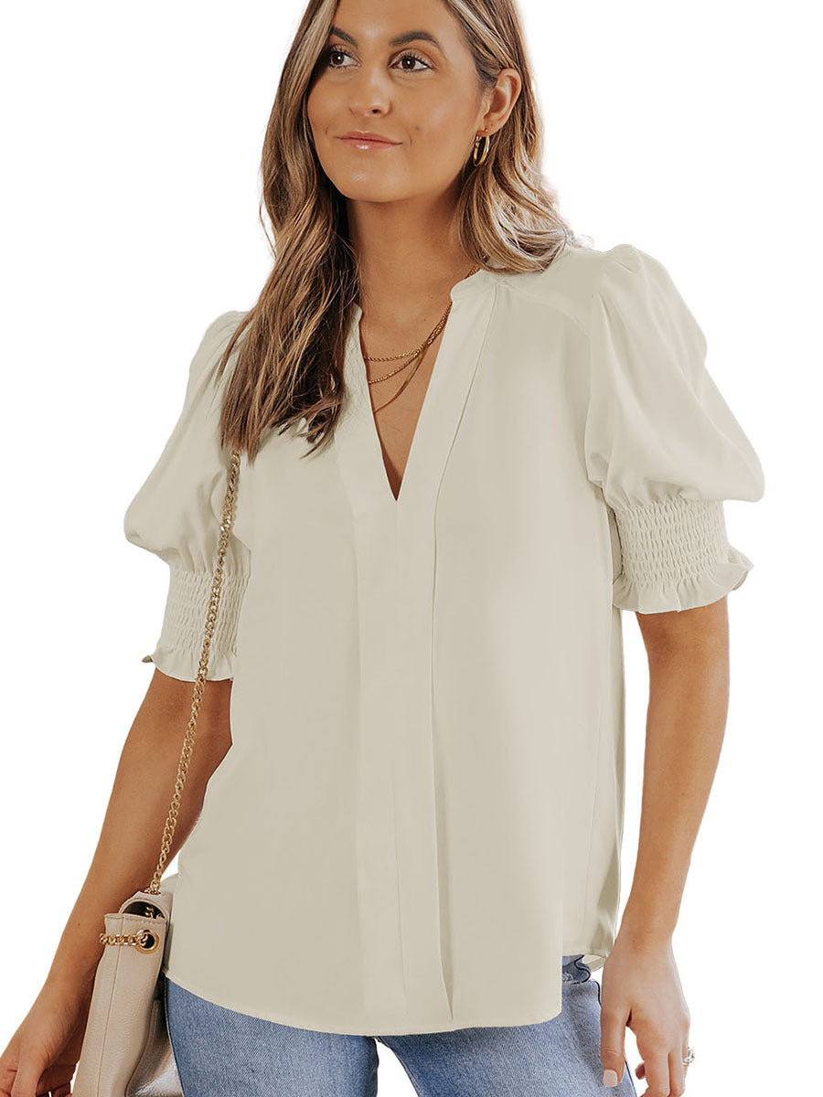 Women's Color Half Sleeve Collar Shirt Pleated Blouses