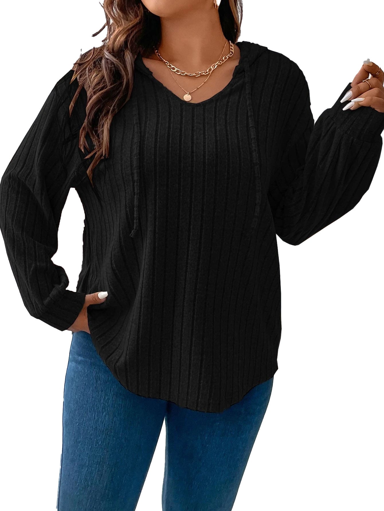 Women's Clothes Hooded Long Sleeve Sunken Stripe Blouses