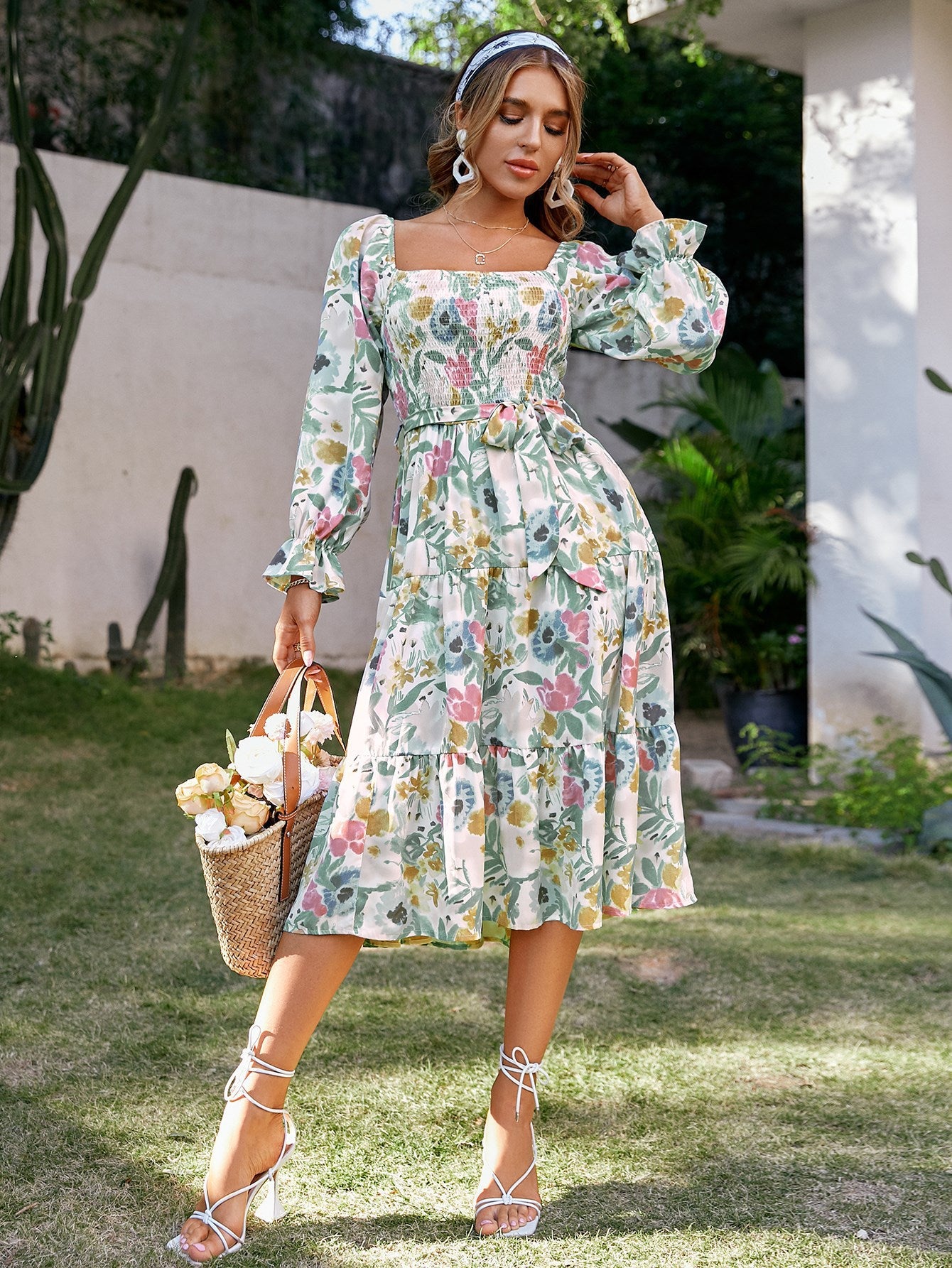 Square Collar Flared Long Sleeve Smocking High Dress