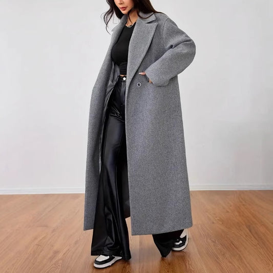 Women's Woolen Casual Elegant Lapel Long Loose Coats