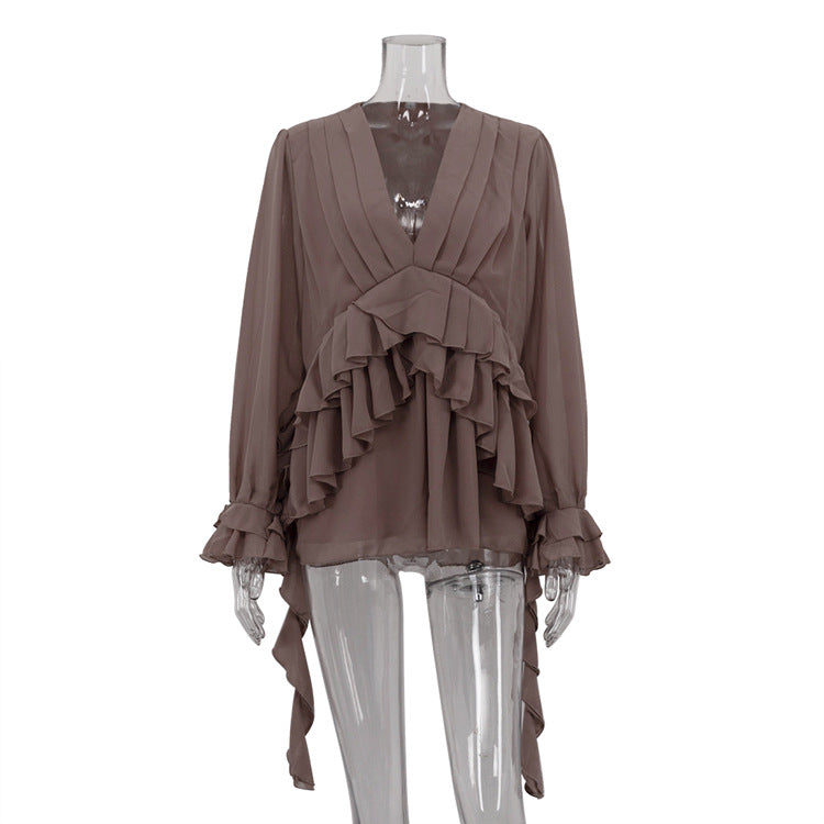 Women's Chiffon Long Sleeve Shirt Design Pleated Blouses