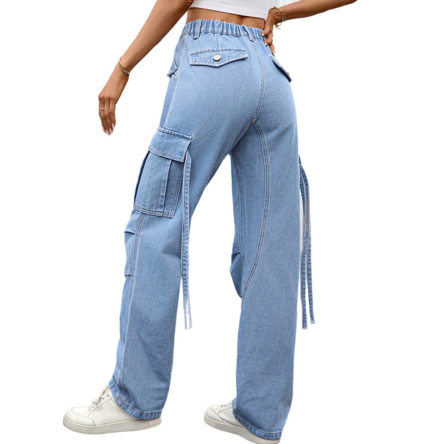 Women's Washed Cargo Ribbon Casual Trousers Jeans