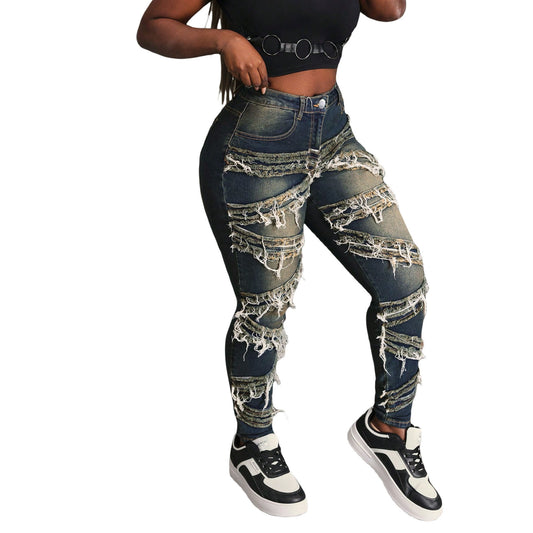 Women's Street Fashion Cat Beard Stretch Patch Jeans