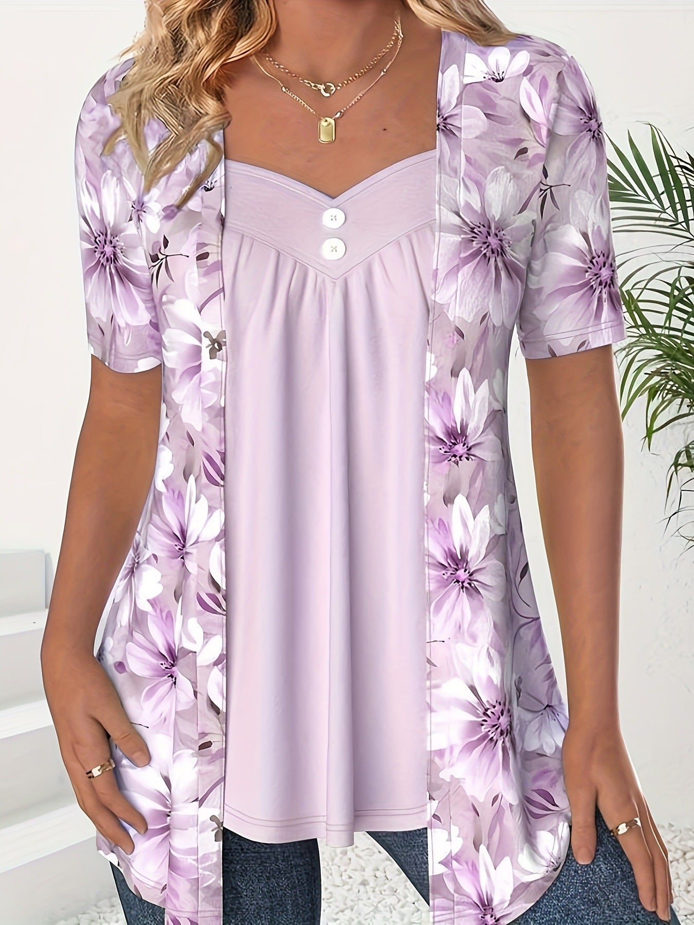 Women's Fake Two Pieces Sleeve Printed Fashion Blouses