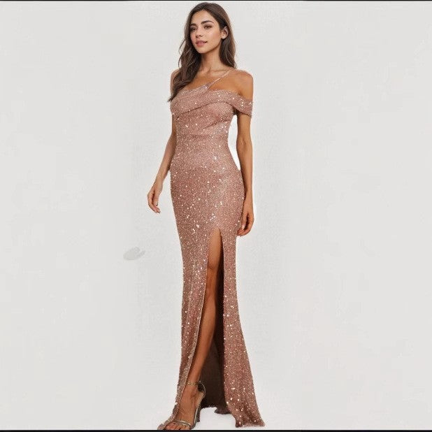 Women's Banquet Design Sequined Gold Dress Fishtail Dresses