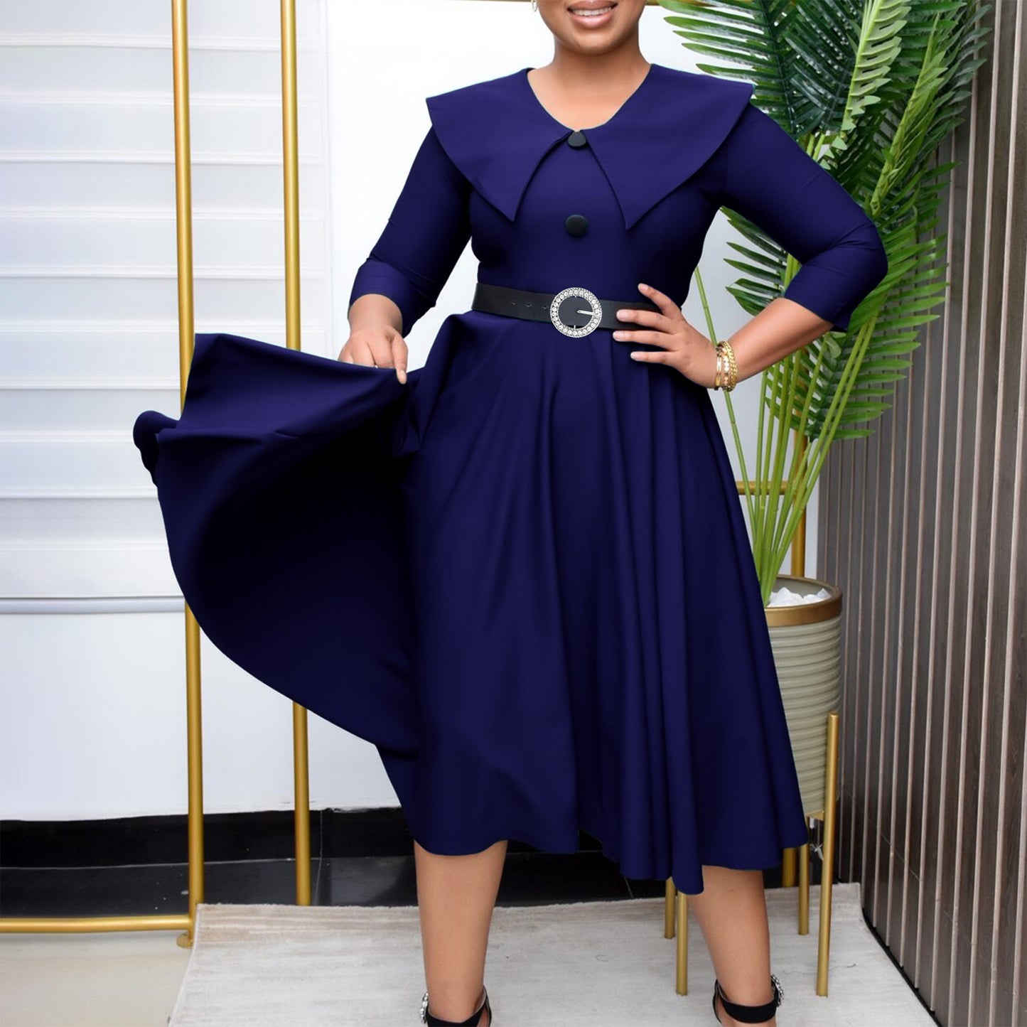 Women's Elegant Lapel Sleeve Slim Fit A- Line Dresses
