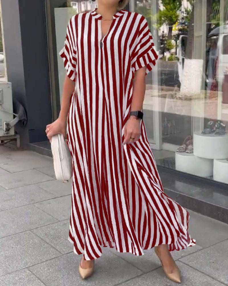 Women's Striped Floral Print Slit Swing Long Dresses